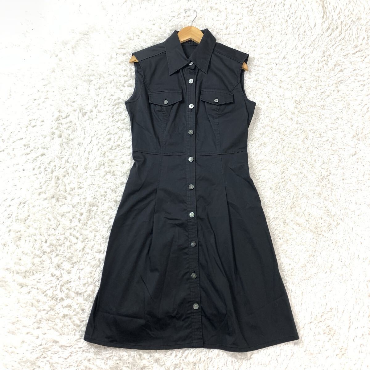 INDIVI インディヴィ ロングワンピース 綿 コットン ノースリーブ シャツ ストレッチ 黒 ブラック 38 YA167拍卖