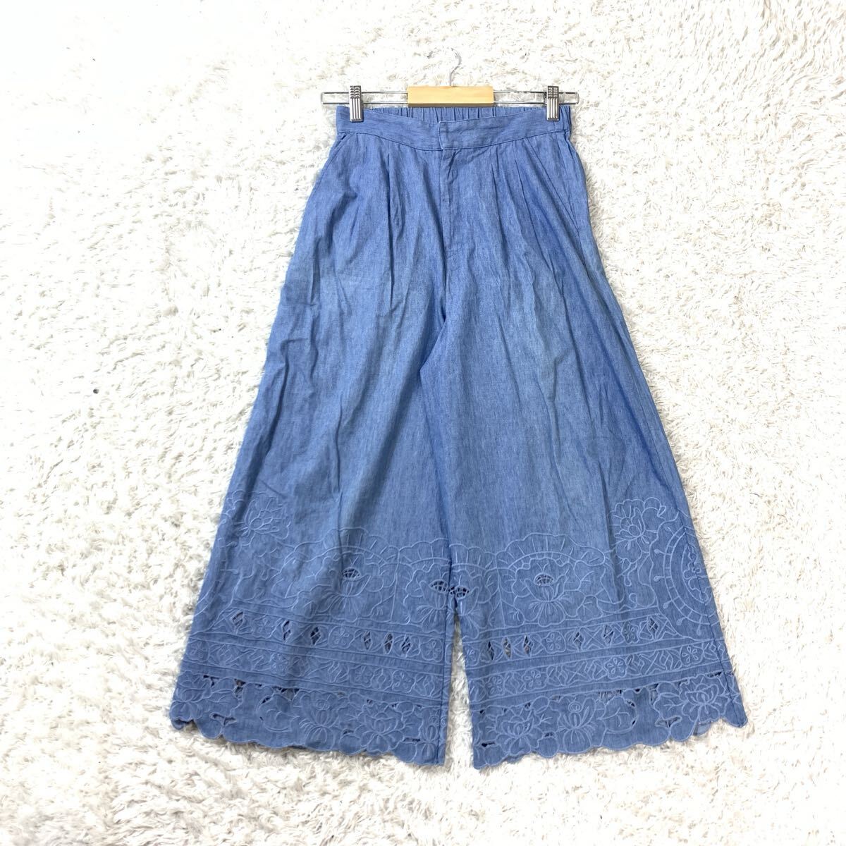 Diagram ダイヤグラム ワイドパンツ カジュアルパンツ デニム フレア レース 綿 コットン 青 紺 ブルー ネイビー 36 YA174拍卖