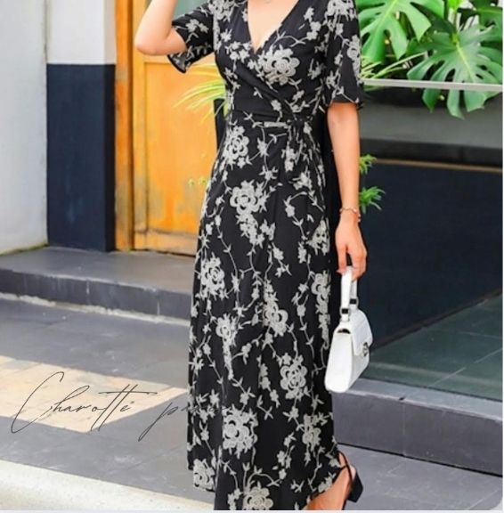 花柄 ロングワンピース マキシ丈 黒白 レディース 美シルエット ラップワンピース 花柄 ロング丈 カシュクールワンピース拍卖