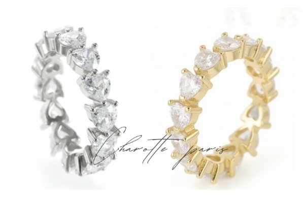 【二本セット】超特価 ハートシェイプ フルエタニティリング 人工ダイヤモンド プラチナとゴールド 5号 プレゼント 重ね付け 豪華拍卖