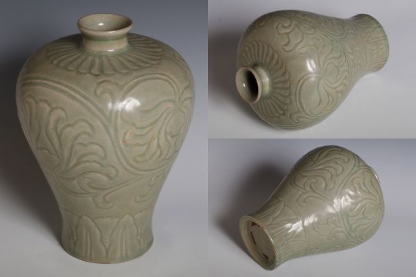 N26135 中国陶器 青磁陰刻唐草文梅瓶 青磁瓶 花入 花瓶 茶道具 華道具 検:青磁 青瓷 龍泉窯 中国 古玩 唐物拍卖