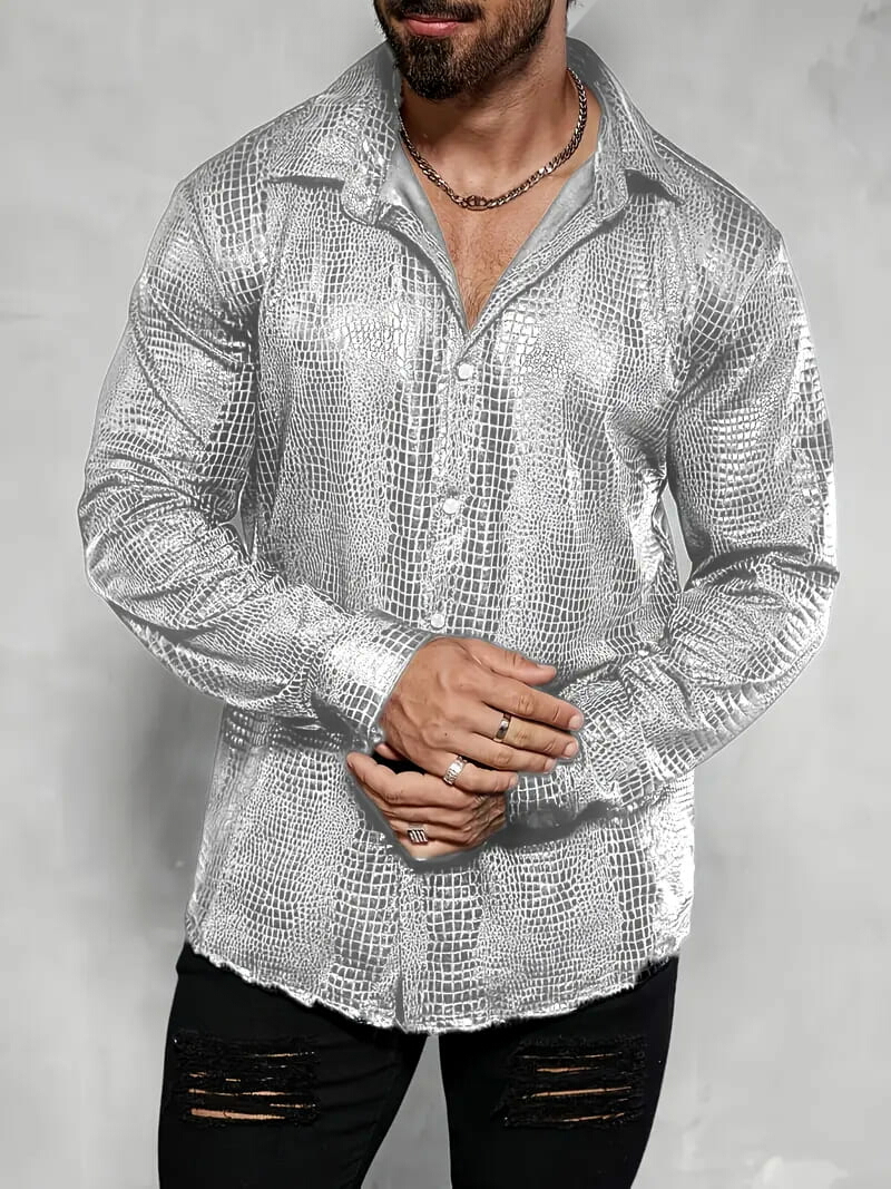 クロコ柄長袖シャツ 336 銀 ドレスシャツ Yシャツ 派手 柄シャツ スーツ ホスト ヤクザ ヤンキー オラオラ系 服 メンズ ファッション拍卖