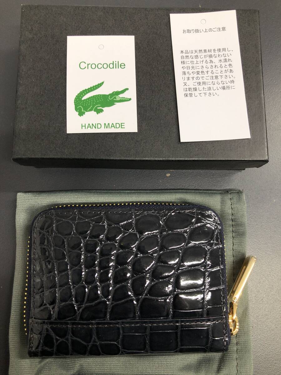 HB4796 クロコダイル ミニ財布 ラウンドファスナー 小銭入れ コインケース ワニ革 レザー ネイビーグレー系 専用袋・箱付き 未使用品拍卖