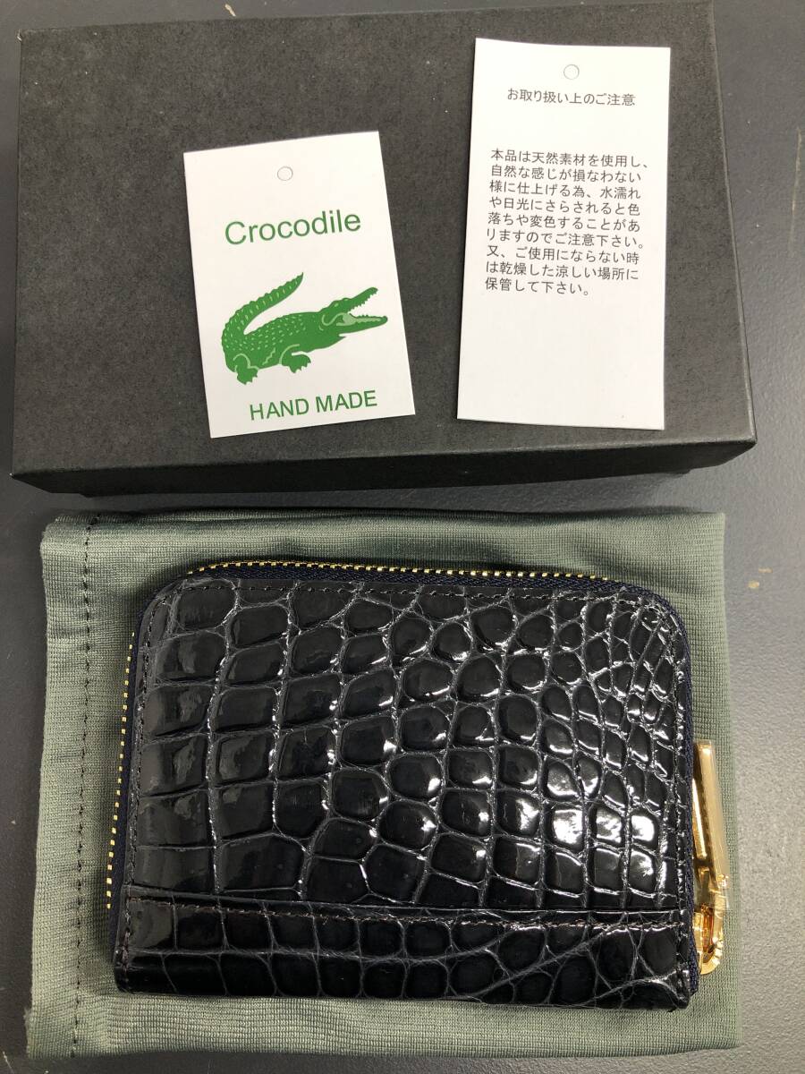 HB4797 クロコダイル ミニ財布 ラウンドファスナー 小銭入れ コインケース ワニ革 レザー ネイビーグレー系 専用袋・箱付き 未使用品拍卖
