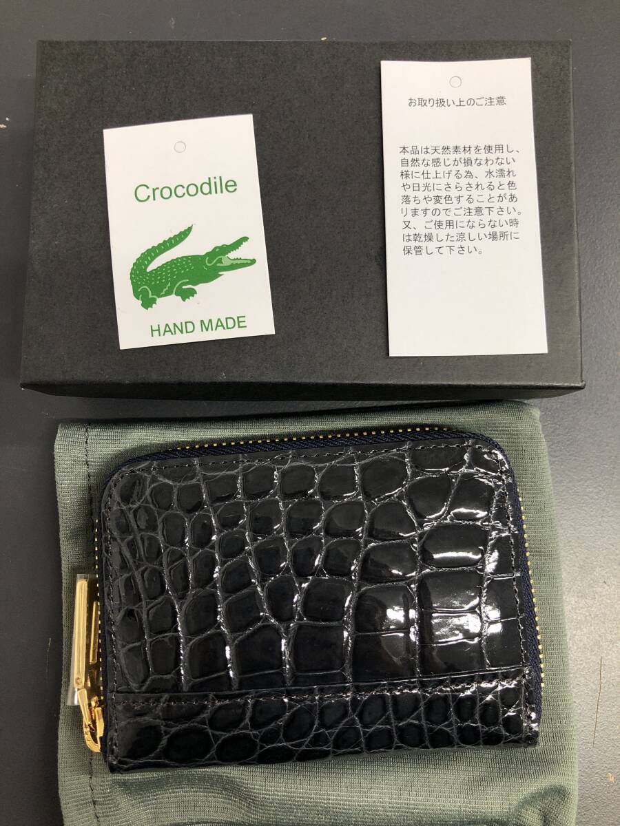 HB4798 クロコダイル ミニ財布 ラウンドファスナー 小銭入れ コインケース ワニ革 レザー ネイビーグレー系 専用袋・箱付き 未使用品拍卖