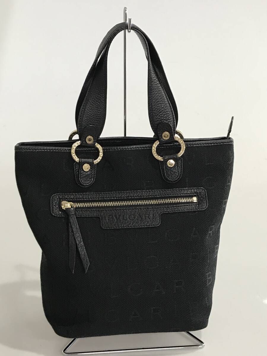 HG8732 BVLGARI ブルガリ ハンド バッグ ロゴマニア キャンバス カーフ レザー 本革 黒 ゴールド金具 拍卖