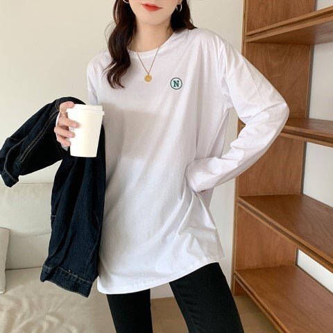 1円 同梱不可 長袖シンプルラウンドネック 長袖Tシャツ S ホワイト拍卖