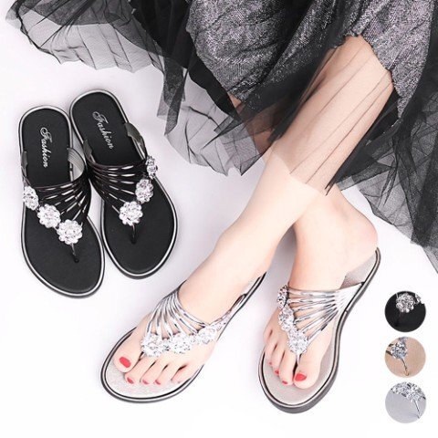 フラワートングサンダル レディース 23.5cm(37) ブラック拍卖