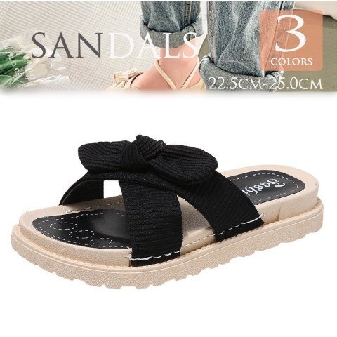 レディース ミュール オープントゥ スタイルアップ リボン フラット 歩きやすい 25.0cm(40) 黒拍卖