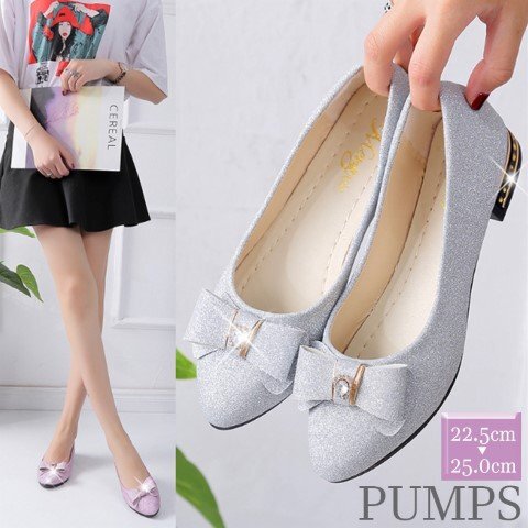 レディース パンプス ミュール 靴 ポインテッドトゥ リボン フラット キラキラ 24.5cm(39) パープル拍卖