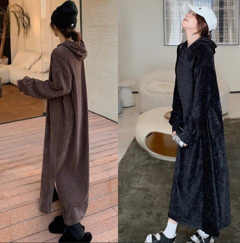 ロングワンピース 長袖 フード付き シンプル カジュアル ゆったり レディース 3XL ブラック拍卖