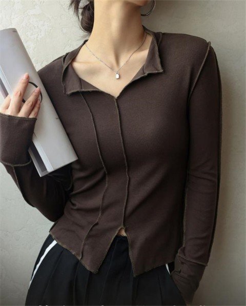 トップス シャツ 長袖 Vネック シンプル カジュアル レディース XL ダークブラウン拍卖