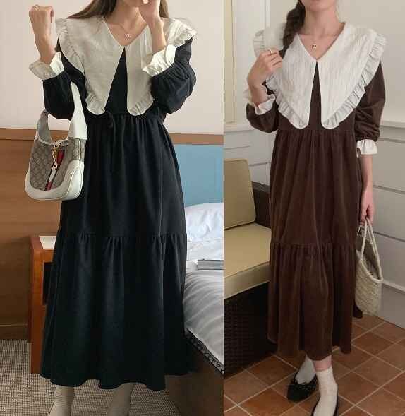 長袖ワンピース フリル ロングワンピ レトロ カジュアル シンプル 秋冬 フリー ブラウン拍卖
