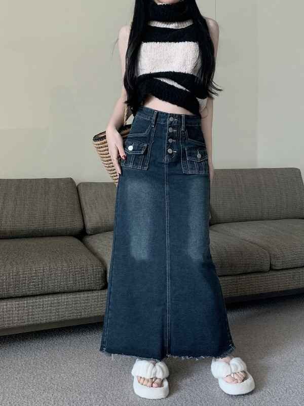 デニムスカート 切り替え スリム 着痩せ デニム シンプル M ブルー拍卖