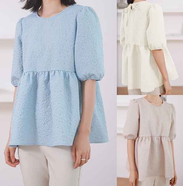 全5色 半袖トップス ボリューム袖 フリル 切り替え 体型カバー 着痩せ sweet系 L オフホワイト拍卖