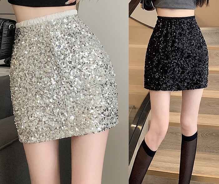 全2色 スカート タイトスカート ハイウエスト 切り替え スリム 着痩せ スパンコール シンプル XL グレー拍卖