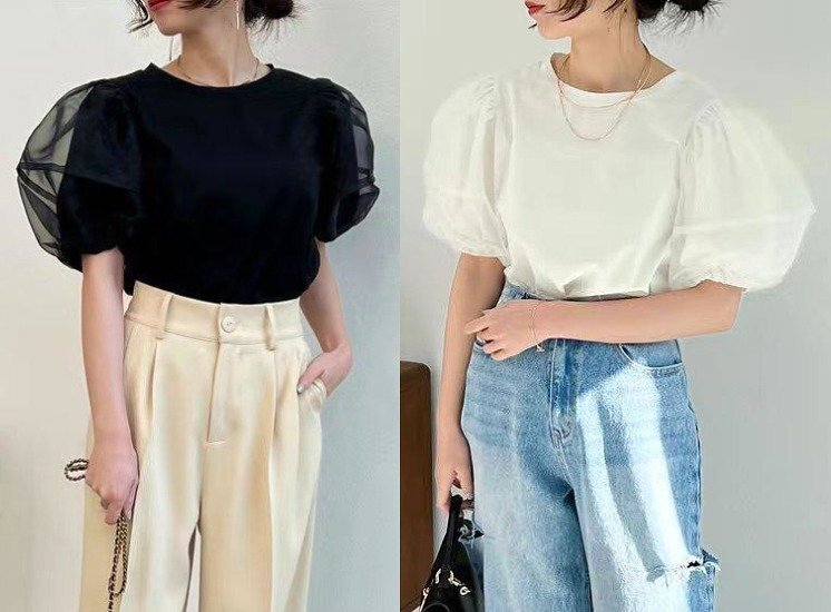 全2色 半袖Tシャツ ボリューム袖 切り替え 体型カバー 着痩せ sweet系 フリー ブラック拍卖