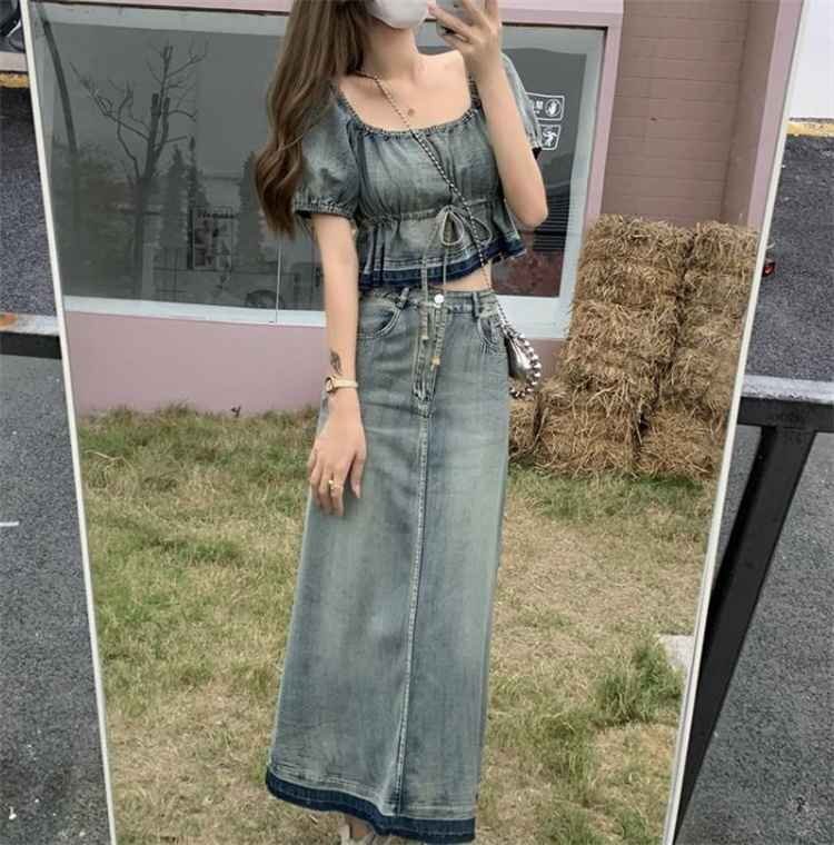 上下セット トップス+ロングスカート デニムセット カジュアル 半袖トップス XL ブルー拍卖