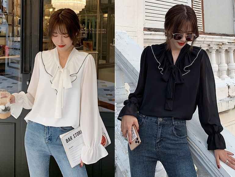 全2色 長袖トップス フリル 切り替え 体型カバー 着痩せ sweet系 M ブラック拍卖