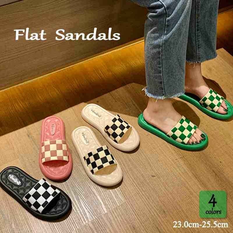 シューズ サンダル 市松模様 つっかけ フラット 太アッパー 春 夏 ミュール 和柄 40-41 黒拍卖