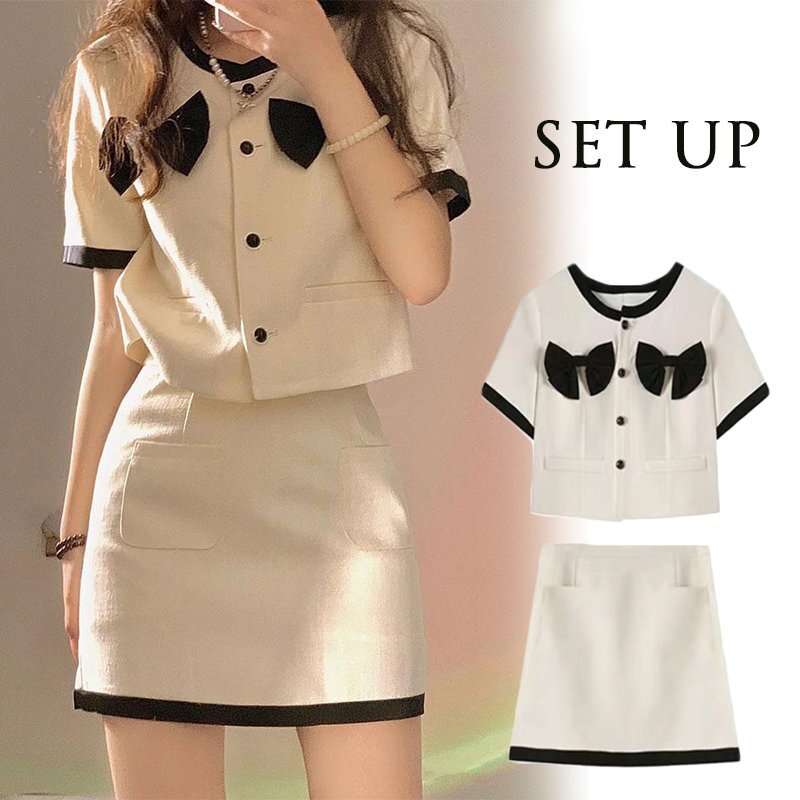 上下セット セットアップ 半袖ジャケット+ミニスカート リボン かわいい カジュアル 2XL ベージュ拍卖