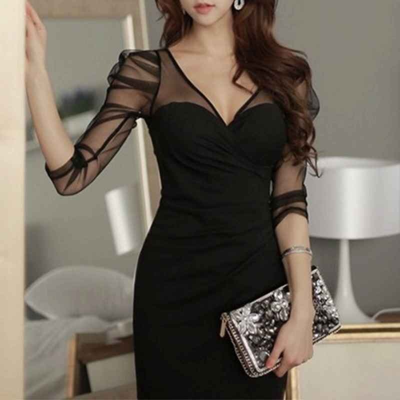 パーティードレス シースルーチュール袖 ショートタイトワンピース キャバクラドレス M ブラック拍卖