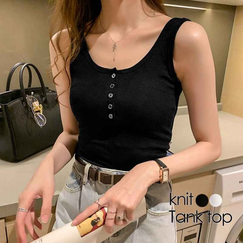 ニットタンクトップス フロントボタン M ホワイト拍卖