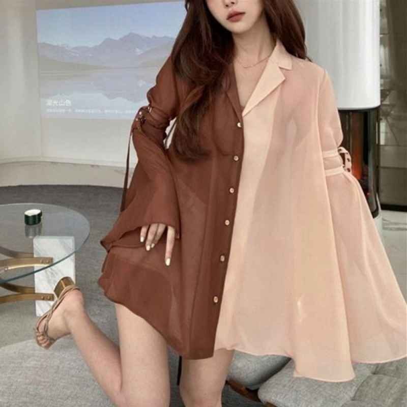 開襟シアーシャツ ベルスリーブ長袖春秋夏 フリー ベージュ×ブラウン拍卖