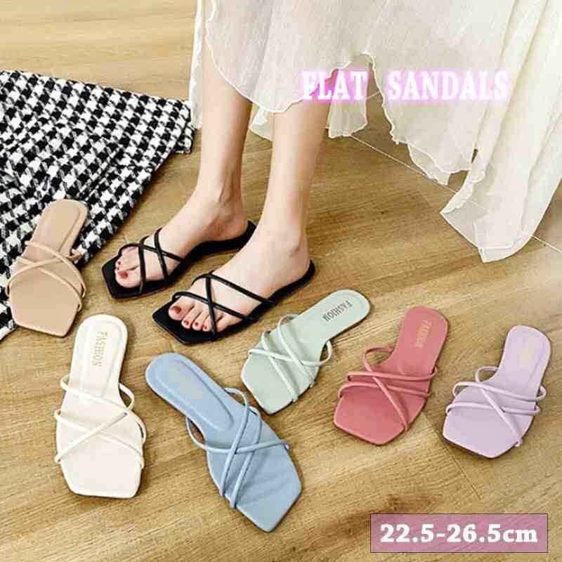 サンダル 細ストラップ ぺたんこ スクエアトゥ 華奢ストラップ フラット パステル 40 アプリコット拍卖