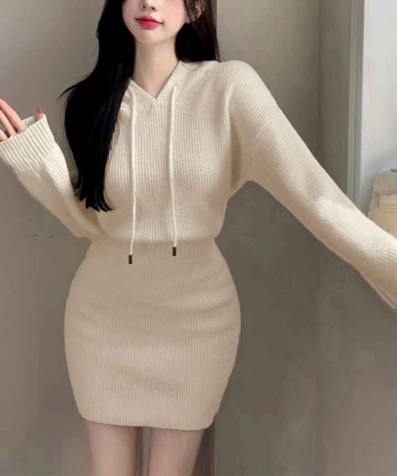 ミニワンピ ミニニットワンピース フード付き タイトワンピース シンプル カジュアル 無地 かわいい 秋冬 ワンサイズ ブラック拍卖