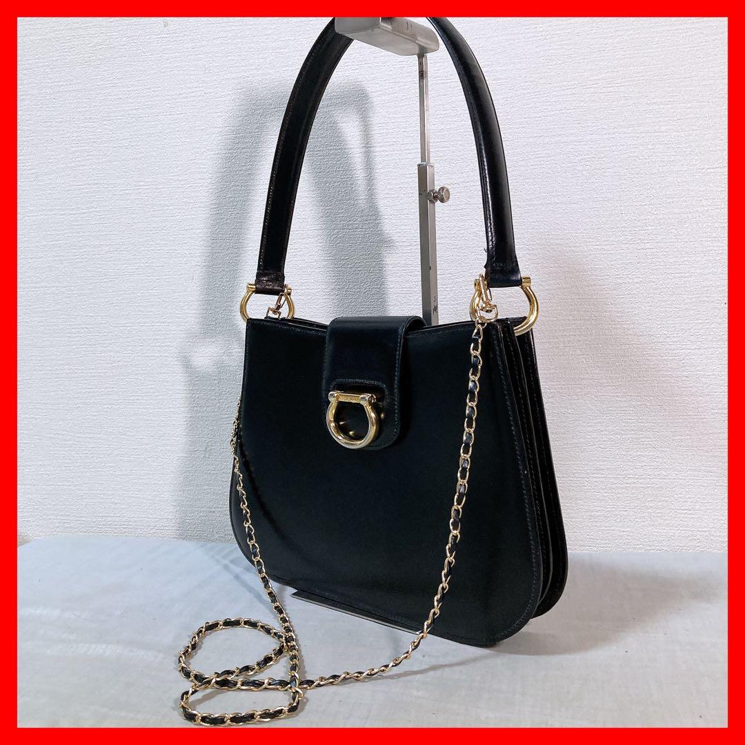 702 セリーヌ レザー ハンドバッグ ショルダーバッグ 黒 ゴールド金具拍卖