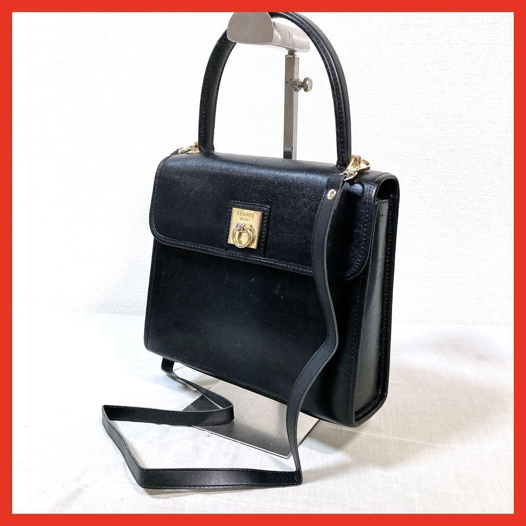 744 セリーヌ ハンドバッグ ショルダーバッグ ゴールド金具 黒 レザー拍卖