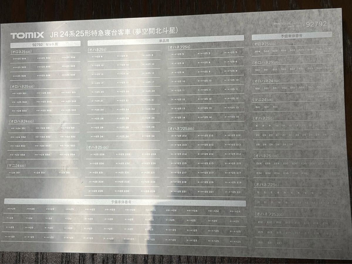 トミックス tomix 92792 24系 25形 夢空間 北斗星【車番インレタ 区画別にバラ/同一記号の1区画】#kato#1000番台#EF81#EF510#EF64#DD51拍卖