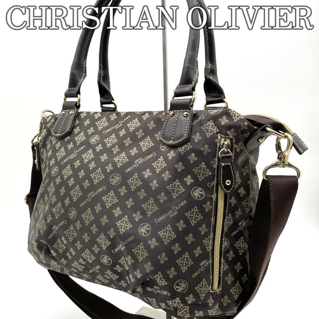 【良品】クリスチャンオリビエ 2way ナイロン トートバッグ 総柄 茶色拍卖
