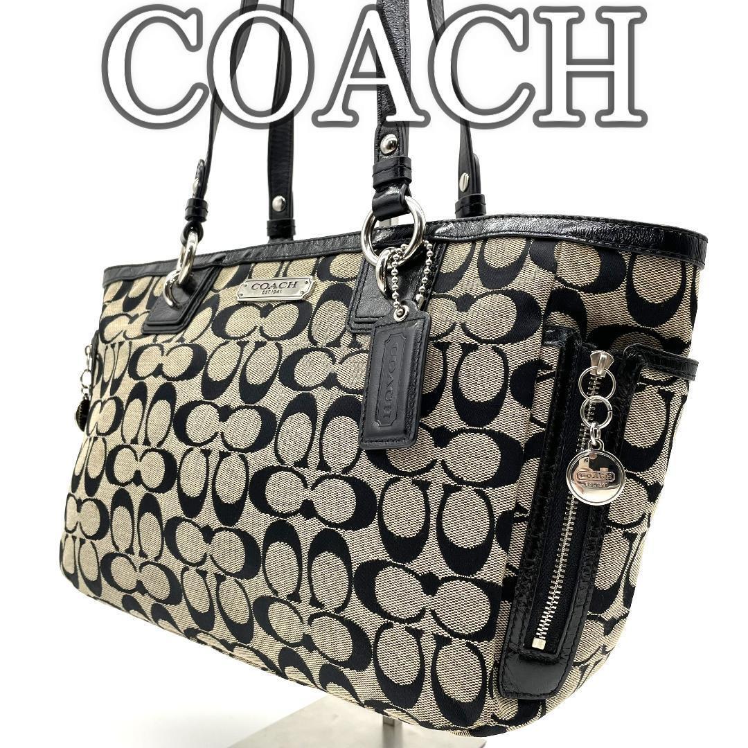 【良品】コーチ トートバッグ シグネチャー キャンバス ブラック グレー レザー拍卖