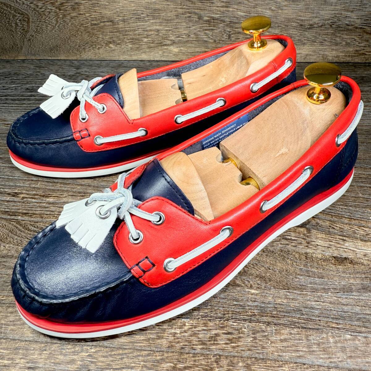 【美品】◆ROCKPORT◆ロックポート 23.5cm デッキシューズ フラットシューズ レディース トリコロール 革靴 靴 レザー 中古 宅急便 即決拍卖