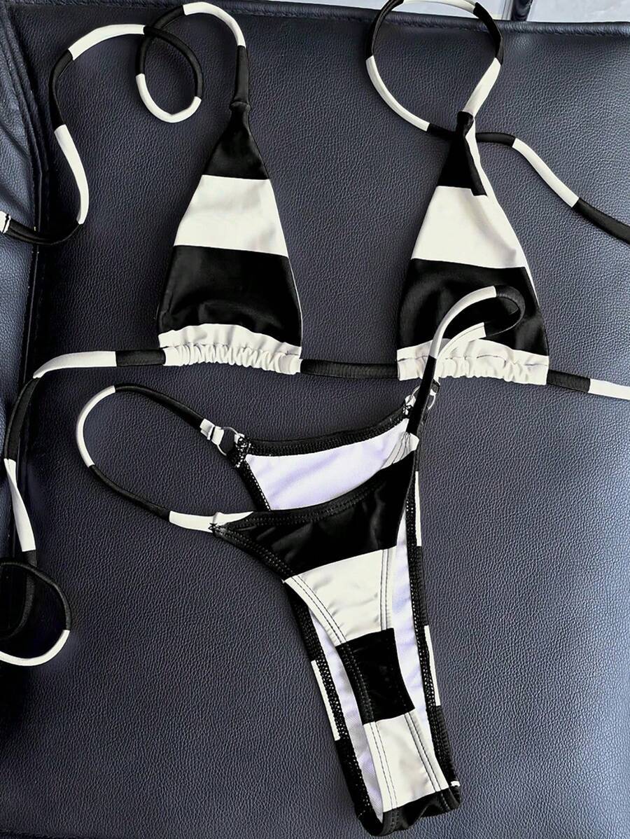 レディース 水着 ビキニセット レッド&ホワイトストライプマイクロビキニ、セクシー拍卖