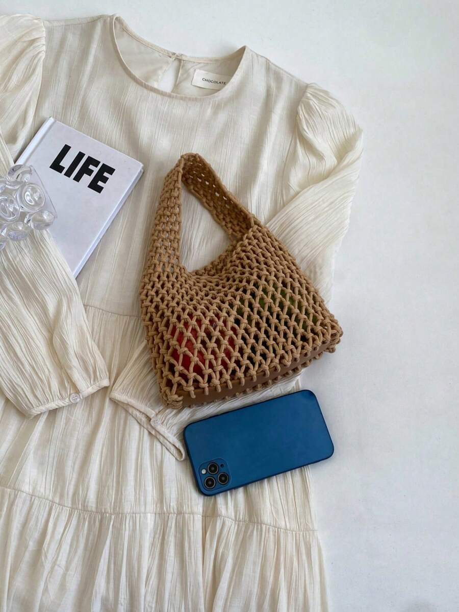 バッグ レディース ハンドバッグ ポリエステル糸フックメッシュ 眼瞼下部マルチカラーソリッドカラーストリング編みハンドバッグアーガ拍卖