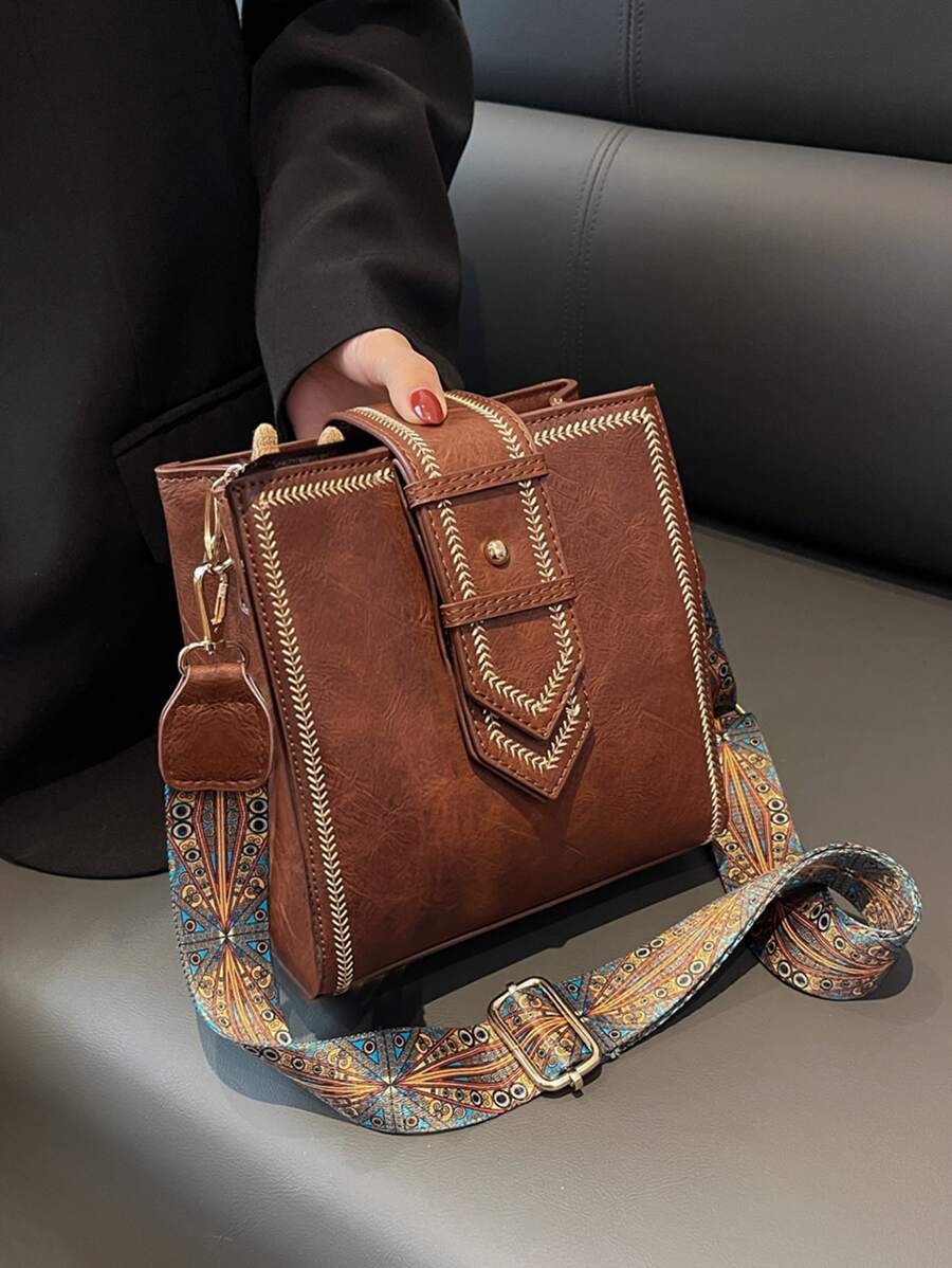 バッグ レディース ショルダーバッグ スクエアバッグ クロスボディバッグ バケツ型 ヴィンテージ 飾りバックル ステッチデザイン拍卖