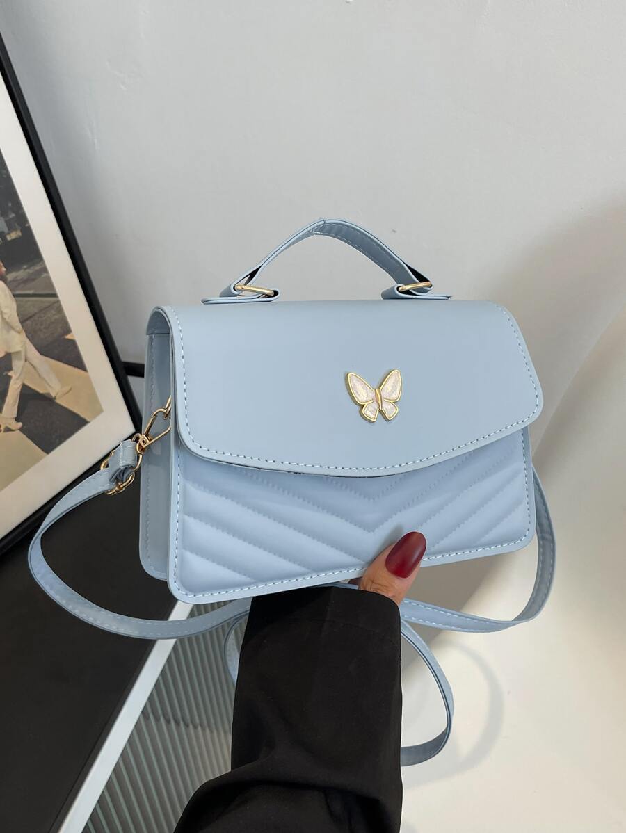 バッグ レディース ハンドバッグ ブルー PU レザー シンプル ステッチ ショルダー クロスボディバッグ ちょう結び フラップ、拍卖