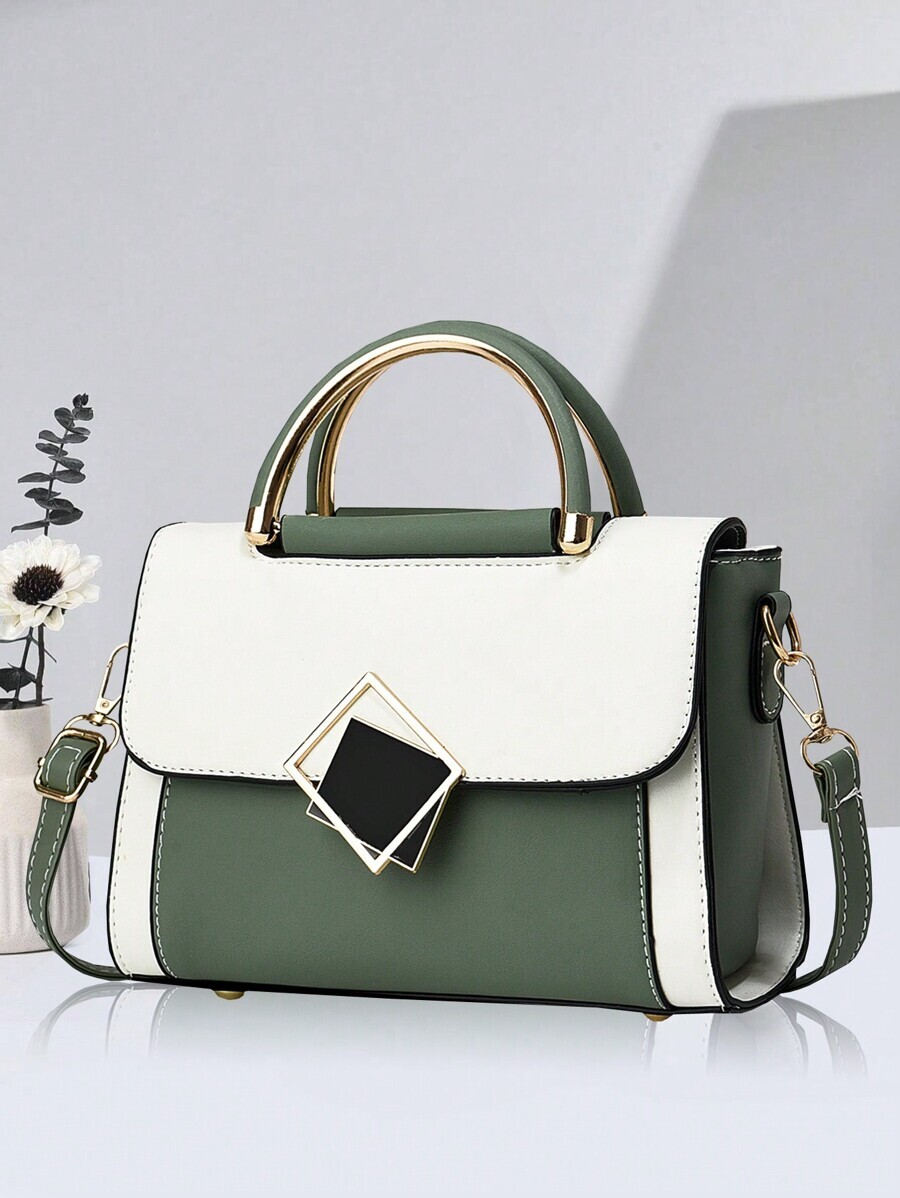 バッグ レディース ショルダーバッグ 金属装飾スクエアハンドバッグ、カラーブロック ショルダーバッグ、女性用バックル装飾ショルダー拍卖