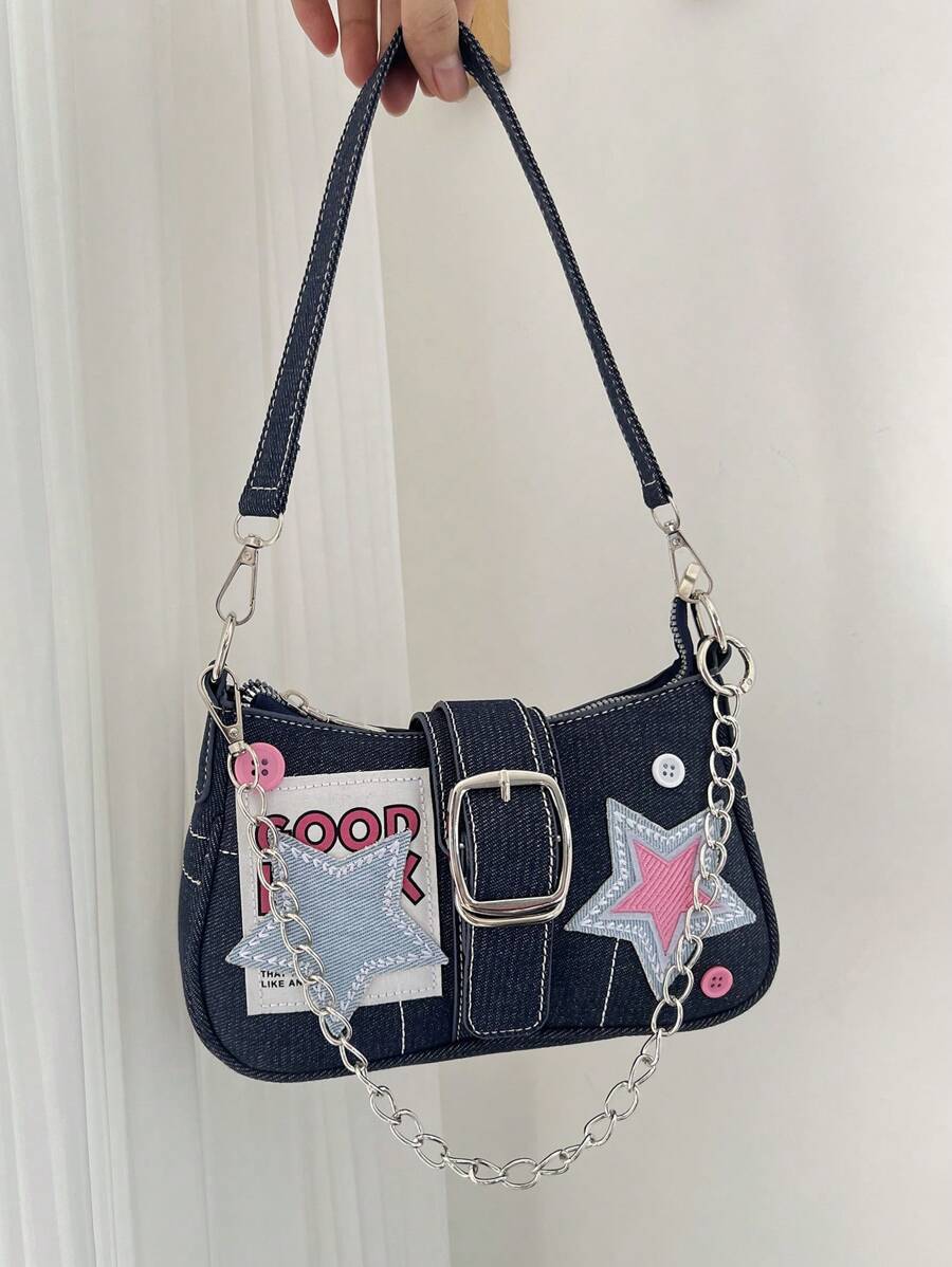 バッグ レディース ショルダーバッグ Y2Kレトロ ミニハンドバッグ(女性用)、カラーブロック スター チェーンショルダー クロス拍卖