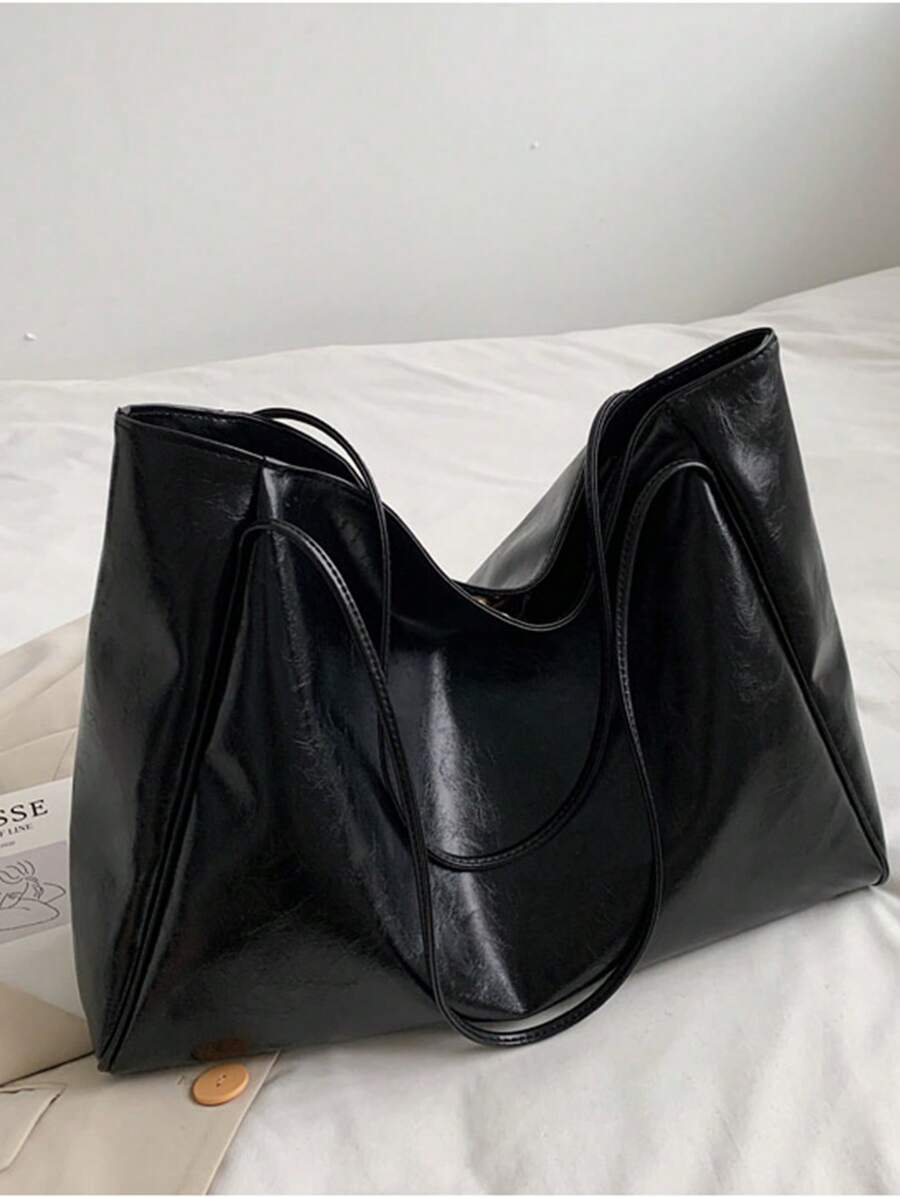 バッグ レディース トートバッグ ソリッドブラックショルダートートバッグダブルハンドルミニマリストPU拍卖