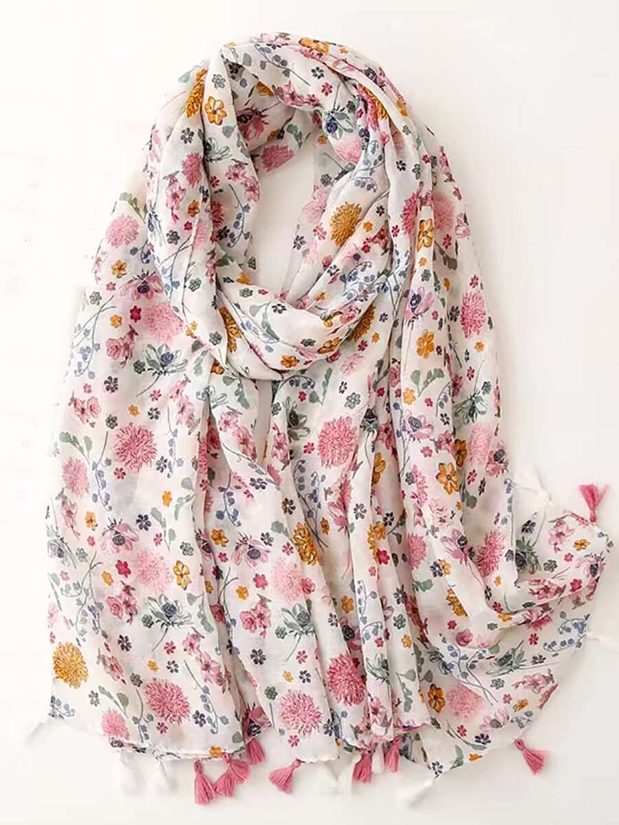 アクセサリー レディース スカーフ バリ糸製、レディースクラシカルデイジー柄軽量スカーフ1枚、房付き、ソフトビーチアクセサリー 風拍卖