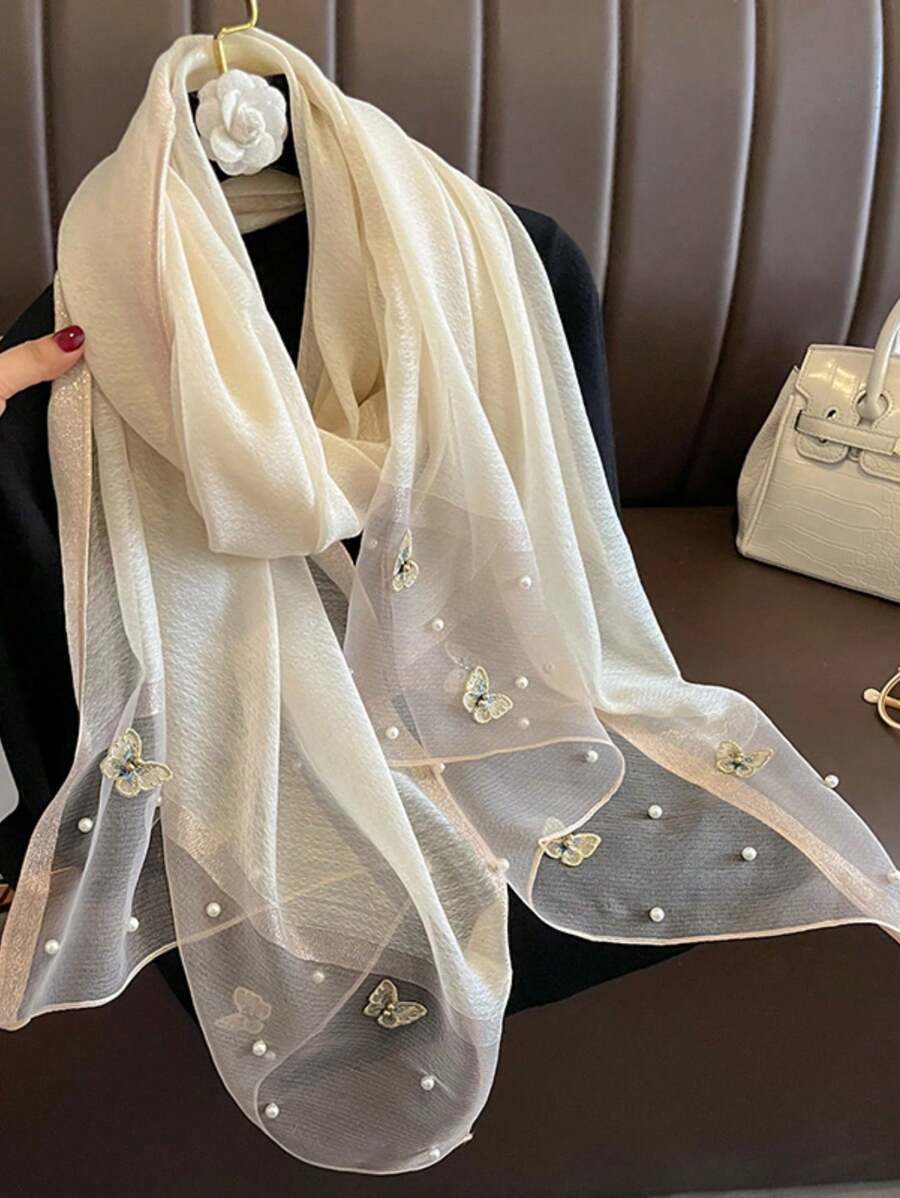 アクセサリー レディース スカーフ エレガントな1枚 女性用 新秋冬 シルク調蝶刺繍ビーズスカーフ、ファッショナブルな薄手の暖かア拍卖