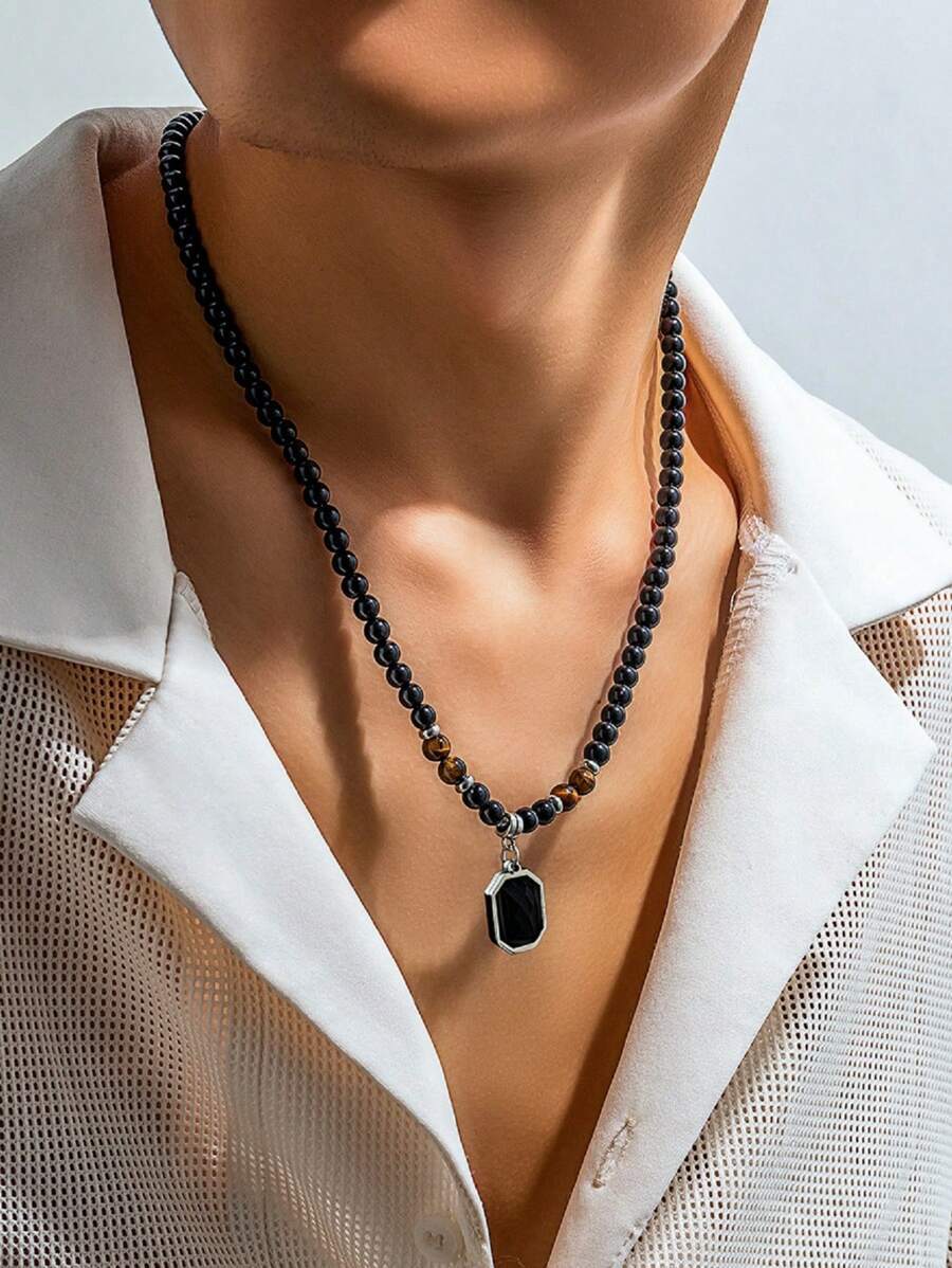 ジュエリー メンズ ネックレス 1pc ヒップホップステンレス鋼タイガーアイビーズネックレス男性用、多用途のパーソナライズされたジ拍卖