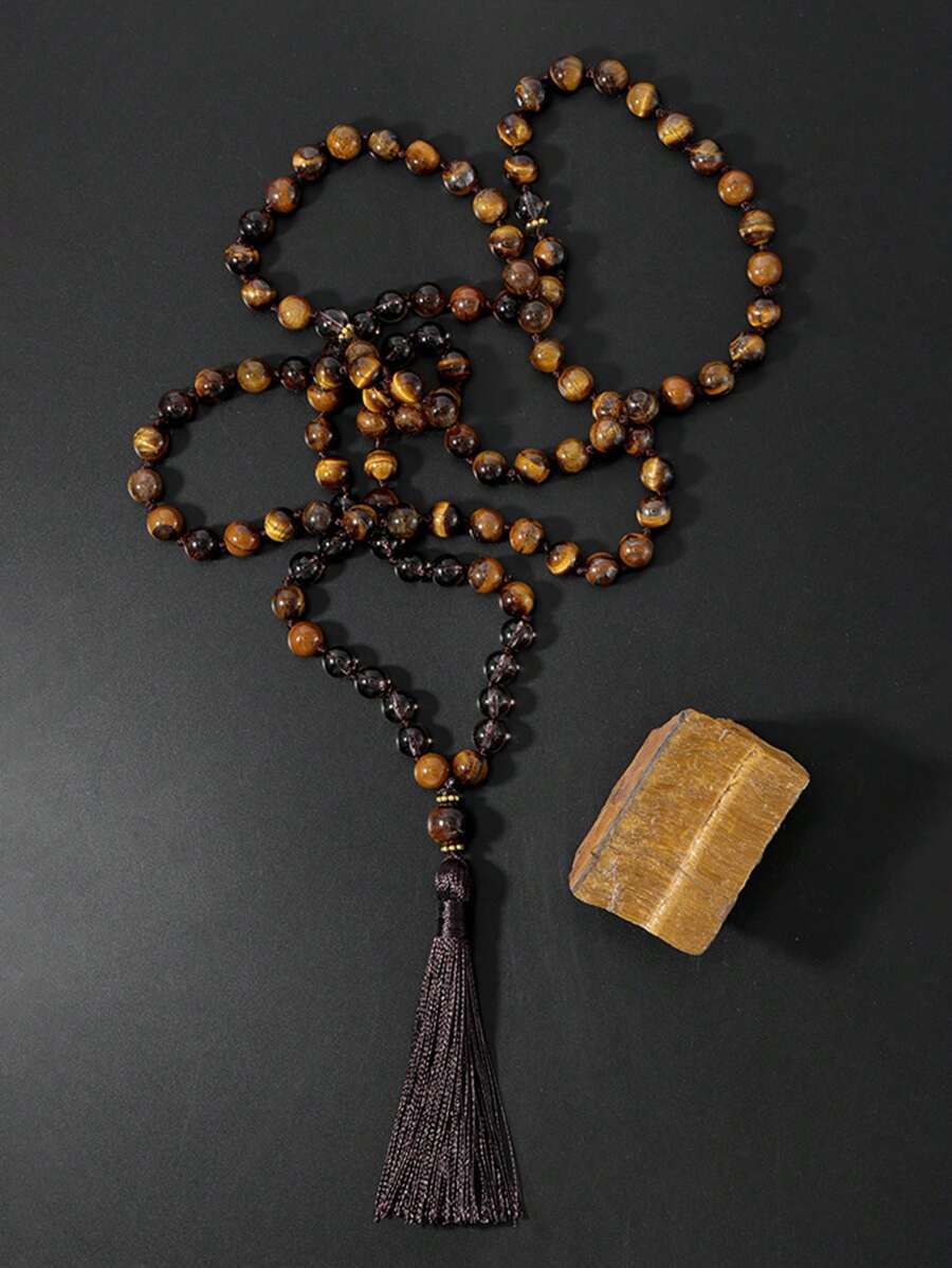 ジュエリー メンズ ネックレス 108玉マラネックレス 8mm タイガーアイ スモーキークォーツ ボヘミアンタッセルネックレス 瞑拍卖