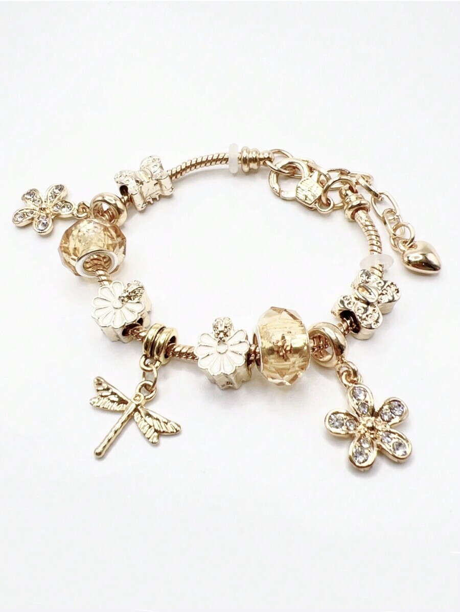 ジュエリー レディース ブレスレット チェーン 豪華な光沢のあるゴールド合金ビーズとラインストーンの花とトンボの形のペンダントネッ拍卖