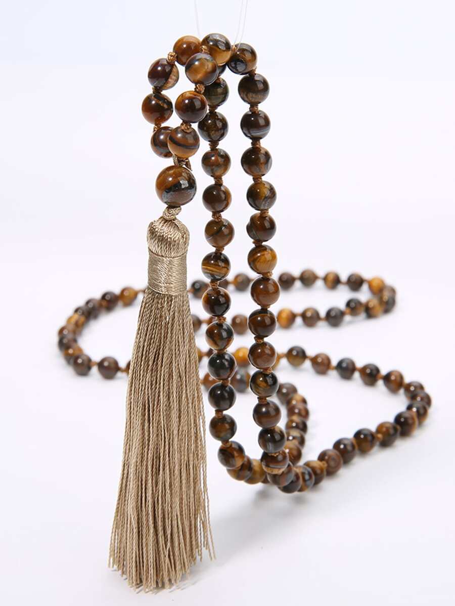 ジュエリー メンズ ネックレス 6mm 108珠 マーラビーズネックレス 虎目石 ノット仕立て タッセル付き ロングチェーン メン拍卖