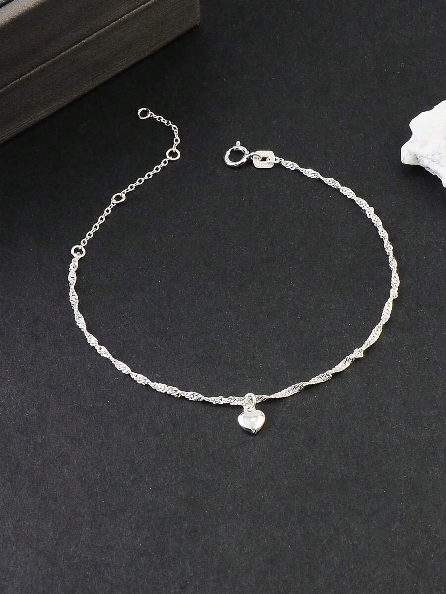 ジュエリー レディース ブレスレット チェーン 1個 上品なS925スターリングシルバー水波&ハートデザインチャームブレスレット、拍卖